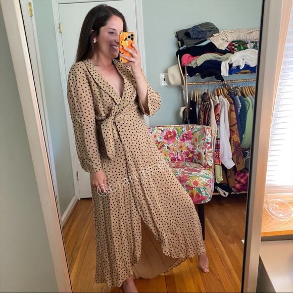 NWT GANNI Tan Black Polka Dot Wrap Maxi Dress 38 M - Picture 6 of 16